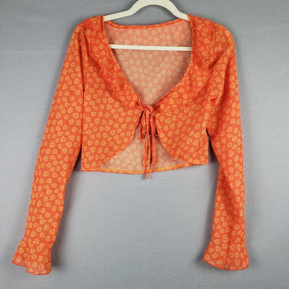Flower Power Long Sleeve Tie Crop Top Bright Orange Yellow Floral Hippie Size M